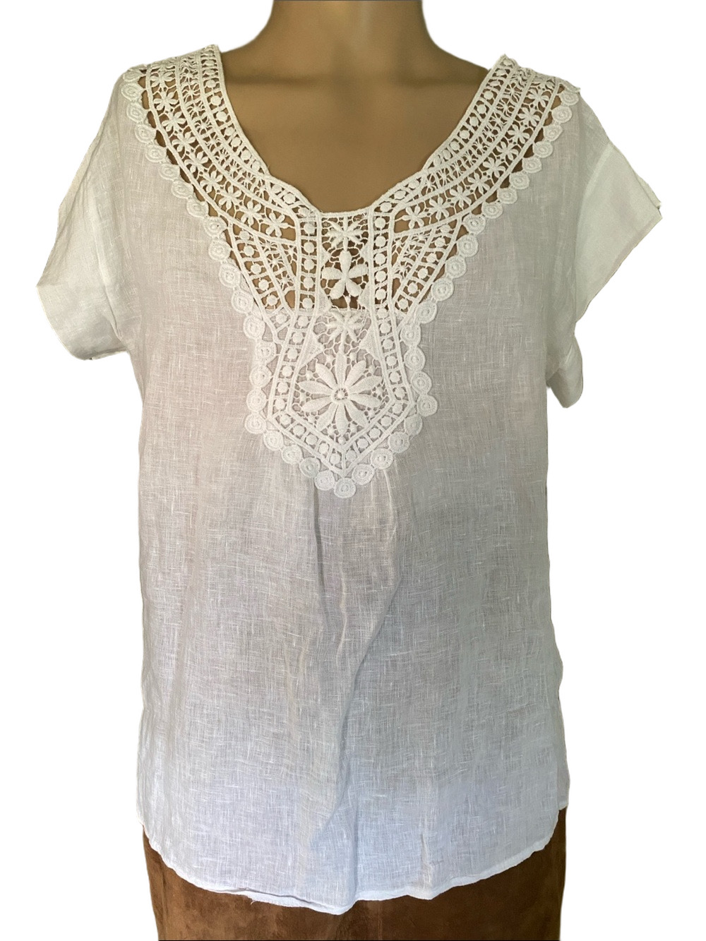 Women's White Crochet-Trim Linen Tunic